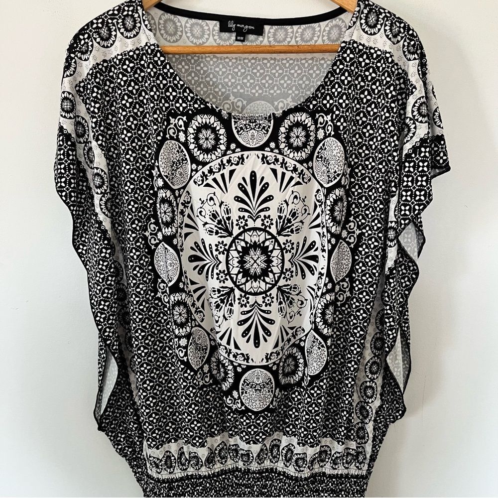 Lily Morgan Black White Boho Tunic Top Medium Dolman Sleeve Kaftan Blouse - Picture 8 of 9